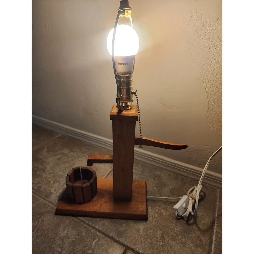 Vintage Wooden Water Pump Table Lamp Handcrafted Rustic Farmhouse Decor